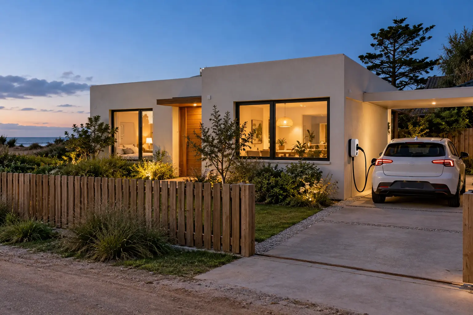 Imagen ilustrativa de vivienda con iluminación y cargador para vehículo eléctrico